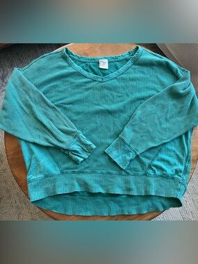 aerie Green Boxy Waffle Knit V-Neck Top